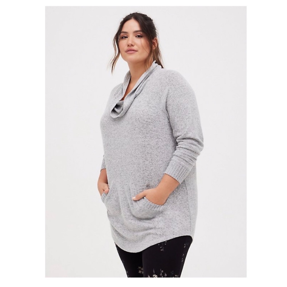 Cowl Neck Tunic Sweatshirt - Super Soft Plush Light Grey